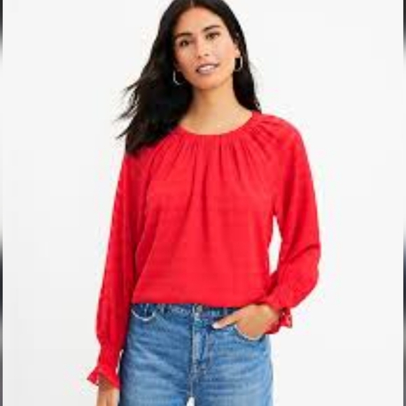 LOFT Smocked Cuff Blouse Red Size Small Lined Stretch Collar Peasant Top - Picture 2 of 9
